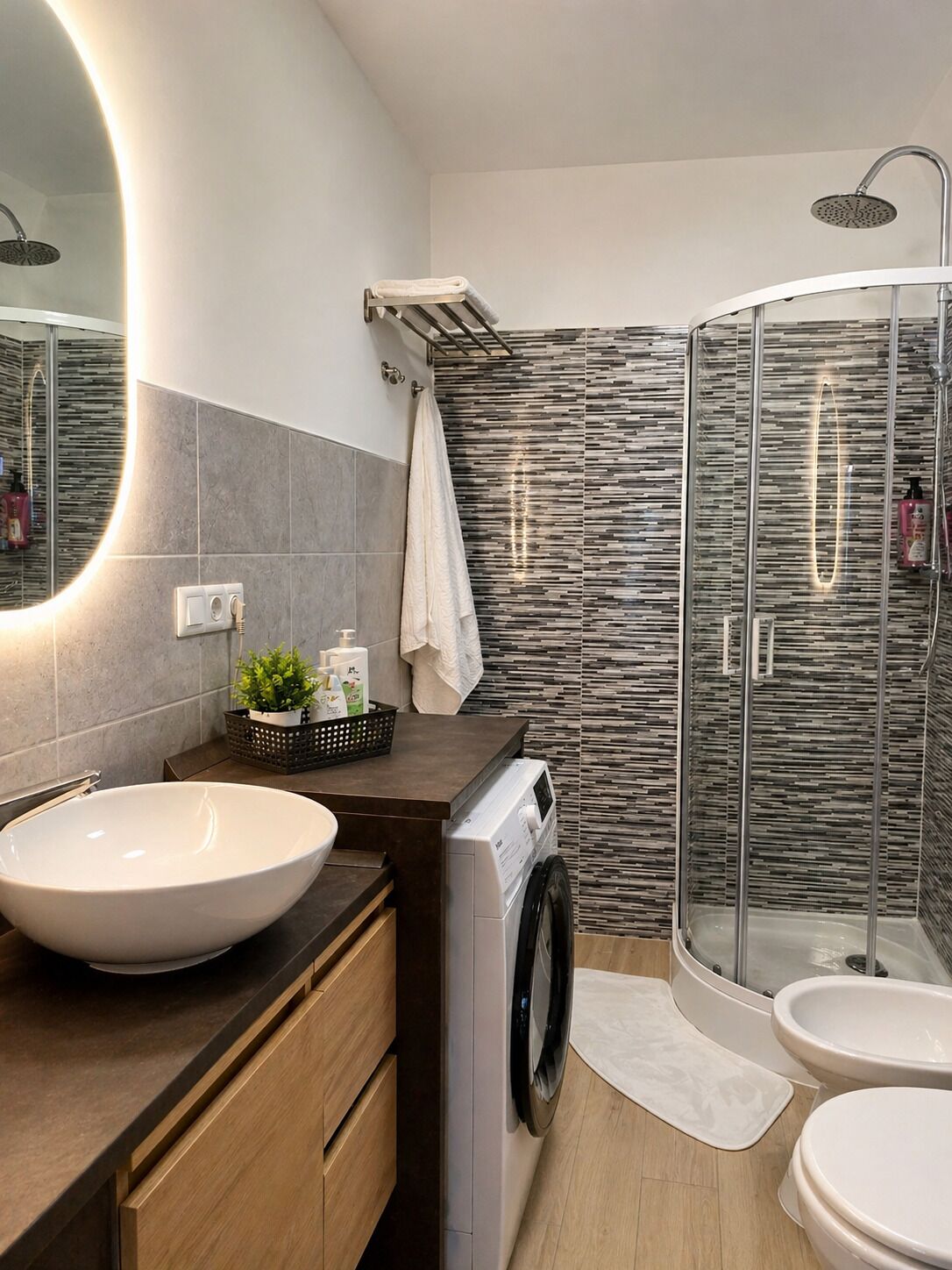 Regadera, secadora de cabello, bidet, toallas 