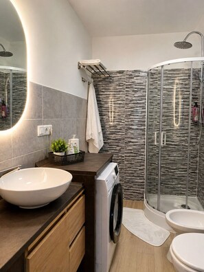 Regadera, secadora de cabello, bidet, toallas 