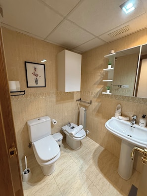 A bathroom with two toilets, a sink, a mirror, and a framed picture on the wall.