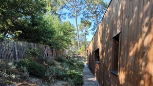 Un sentiero di legno conduce a un edificio con rivestimento in legno e una piccola finestra.