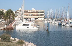 A marina with boats docked, a building with multiple balconies, and palm trees along the waterfront. - BRIGHT STUDIO WITH TERRACE FACING THE SEA AND MARINA (Le Barcarès)