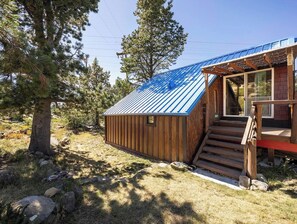 Eine Holzhütte mit Metalldach und einer Treppe zum Balkon.