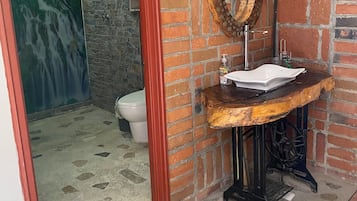 Regadera, secadora de cabello, toallas, jabón