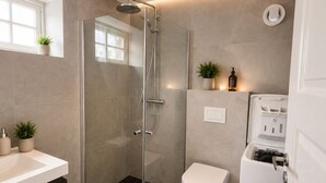 Une salle de bain moderne avec une douche à parois de verre, des toilettes, un lavabo avec une serviette et une petite plante posée sur le meuble-lavabo.
