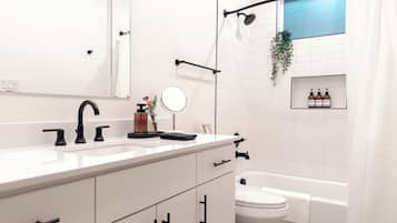 Hair dryer, towels, soap, toilet paper