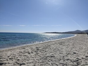 Ein Strand mit blauem Himmel, sandigem Ufer und einem Berg in der Ferne.