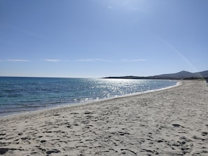 Ein Strand mit blauem Himmel, sandigem Ufer und einem Berg in der Ferne.
