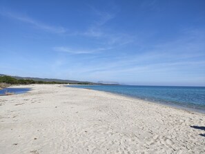 Ein Strand mit blauem Himmel, sandigem Ufer und ruhiger See.