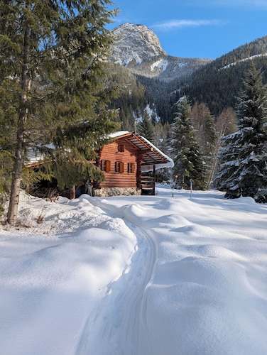 A Swiss chalet styled cabin in the woods with rustic charm. A peaceful getaway.