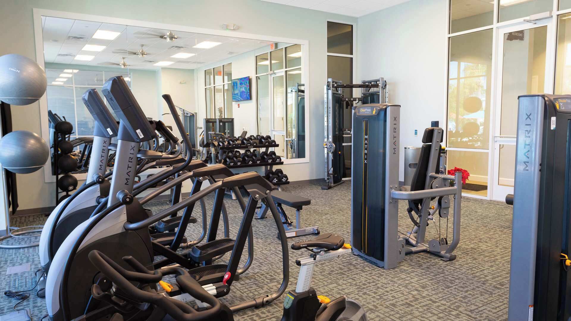 A gym with treadmills, weight machines, and dumbbells.