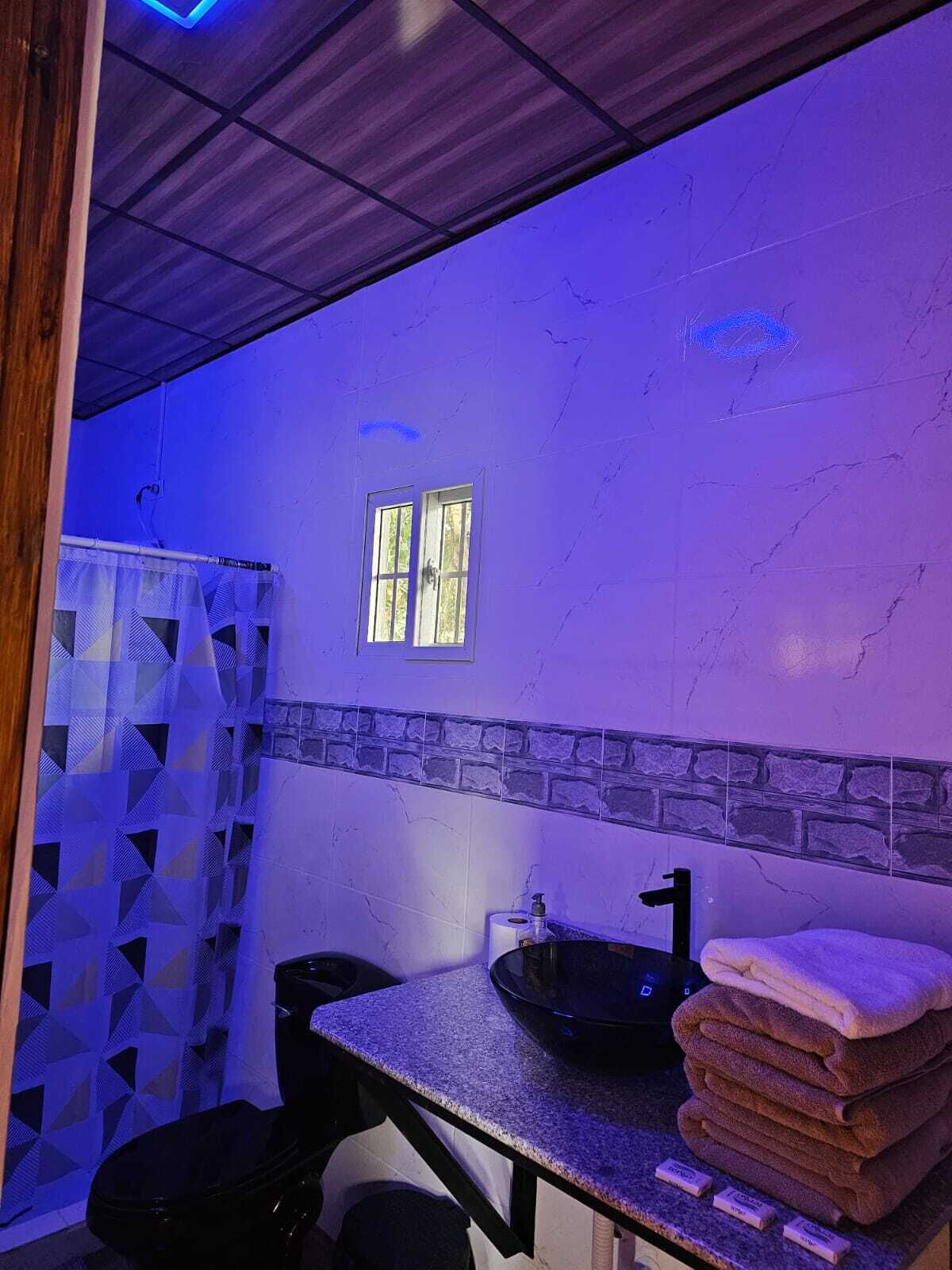 Ducha, toallas, jabón y champú