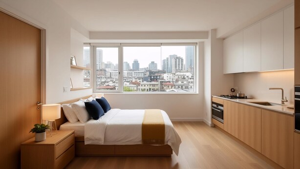 A modern bedroom with a city view, a bed with pillows, a bedside table with a lamp, and a small plant. - Kiteville Upper Darby (Upper Darby)