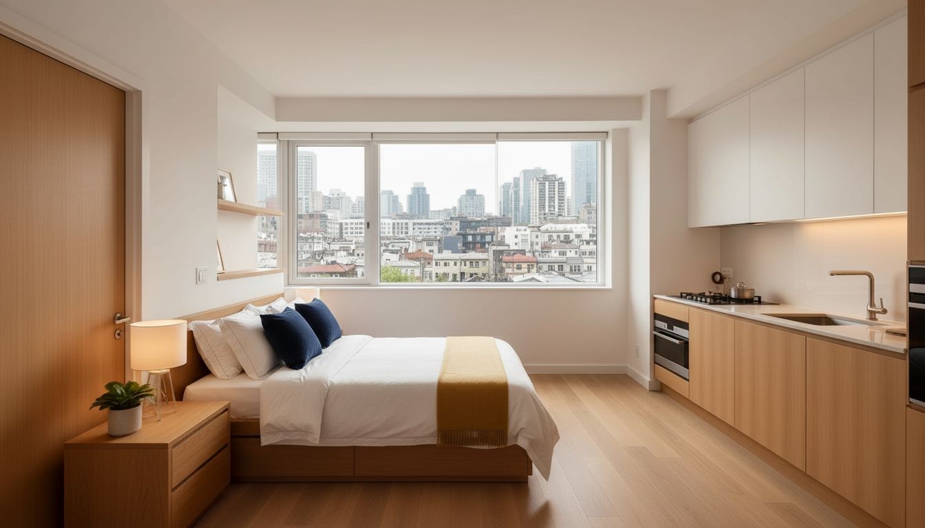 A modern bedroom with a city view, a small kitchenette, and a wooden floor.