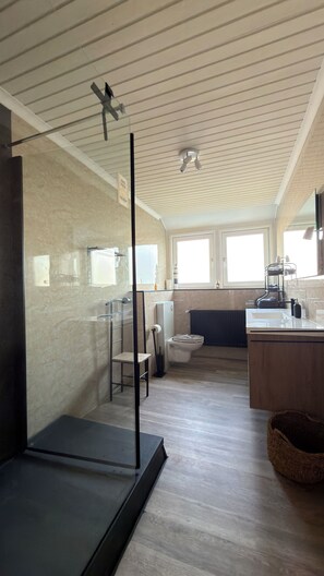 Douche, sèche-cheveux, serviettes fournies, savon