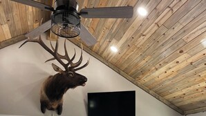 A room with a mounted deer head, a ceiling fan, a TV, a fireplace, a dog, and a view of a deck with a red railing. - Almost Heaven: Aspen Season in the Colorado Mountains (Fort Garland)