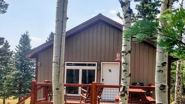 A wooden cabin with a deck, a door, and a window. - Almost Heaven: Aspen Season in the Colorado Mountains (Fort Garland)