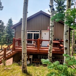 A wooden cabin with a deck, a door, and a window.