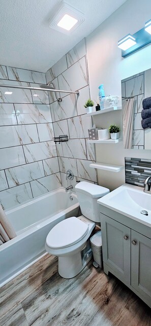 Secadora de cabello, toallas, jabón, papel de baño 