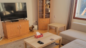 Sala de estar com televisão, armário de madeira, aparador com portas de vidro, sofá e uma pequena mesa com controles remotos.