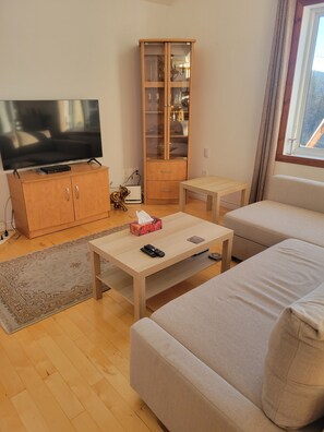 Una sala de estar con un sofá, una mesa de centro, un televisor sobre un mueble de madera, un aparador de vidrio y una ventana con cortinas.