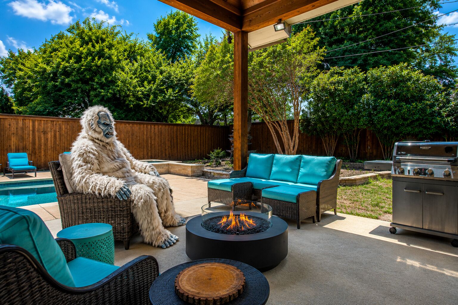 Eine Terrasse im Freien mit Korbmöbeln, einer Feuerstelle und einem Grill.