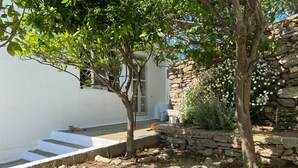Un mur de pierre, un arbre et un parterre de fleurs bleues.
