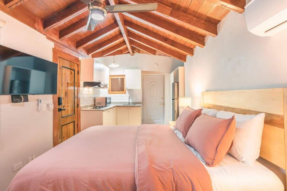 A bedroom with a wooden ceiling, a bed with pink and white bedding, a TV on the left, and a kitchenette in the background.