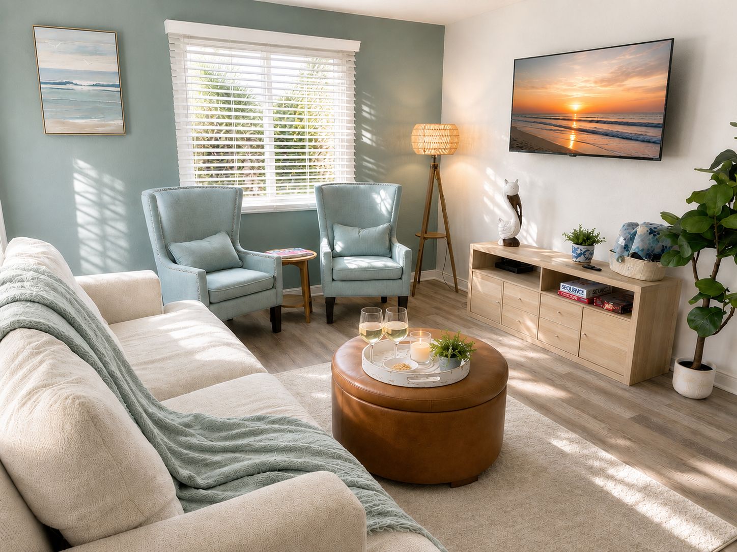 A living room with a sofa, two armchairs, a coffee table, a lamp, a TV, and a bookshelf.