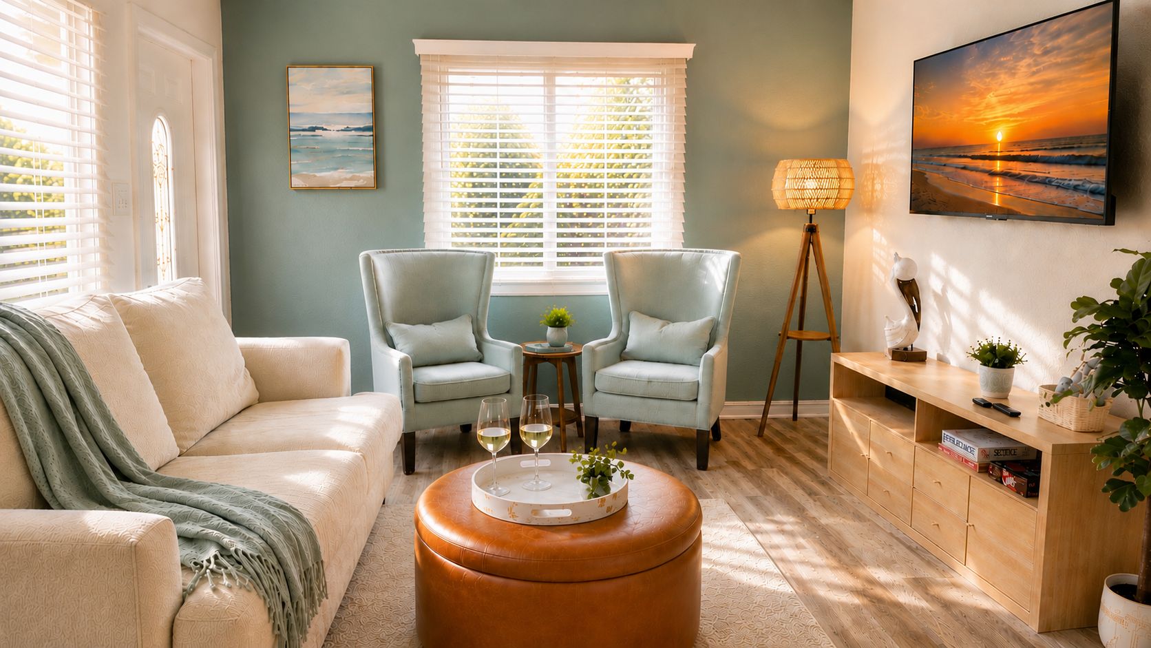 Een woonkamer met een bank, twee fauteuils, een salontafel met glazen, een lamp en een televisie aan de muur.