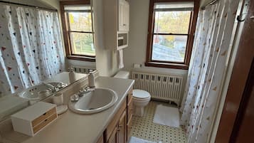 Hair dryer, towels, soap, toilet paper
