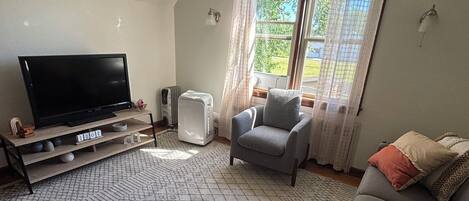 Een woonkamer met een flatscreen televisie, een plafondventilator, een grijze bank en een kamerbreed tapijt met een patroon.