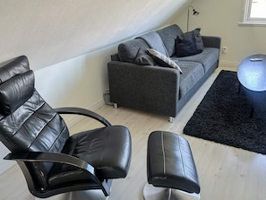 Una sala moderna con un sillón de cuero, un sofá gris y un tapete negro.
