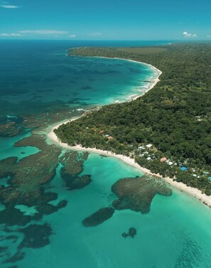 An aerial view of a coastal area with a beach, clear turquoise waters, and dense green vegetation. - Villa Soleil & Paquerette, 
beachfront Punta Uva Arrecife (Punta Uva)