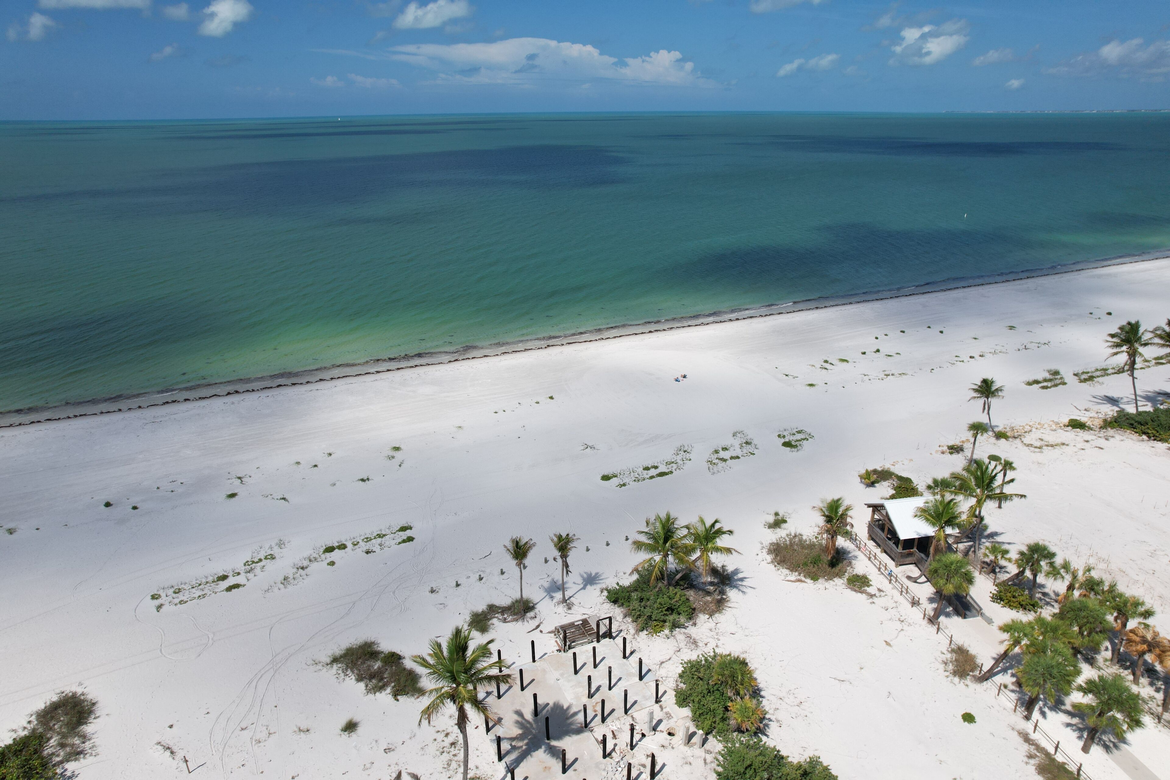 A beach with a white sand area, palm trees, and a small building.
