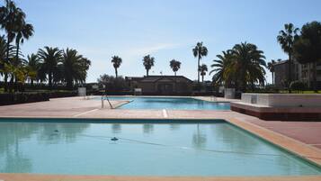 Piscina com palmeiras, um edifício ao fundo e céu claro.