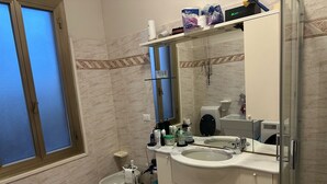 Ein Badezimmer mit zwei Waschbecken, einer Toilette, einem Bidet und einer Dusche.