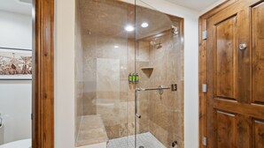 A glass-enclosed shower with a wooden door, a white toilet, and a framed picture on the wall. - Cozy studio condo located in fabulous Aspen (Aspen)
