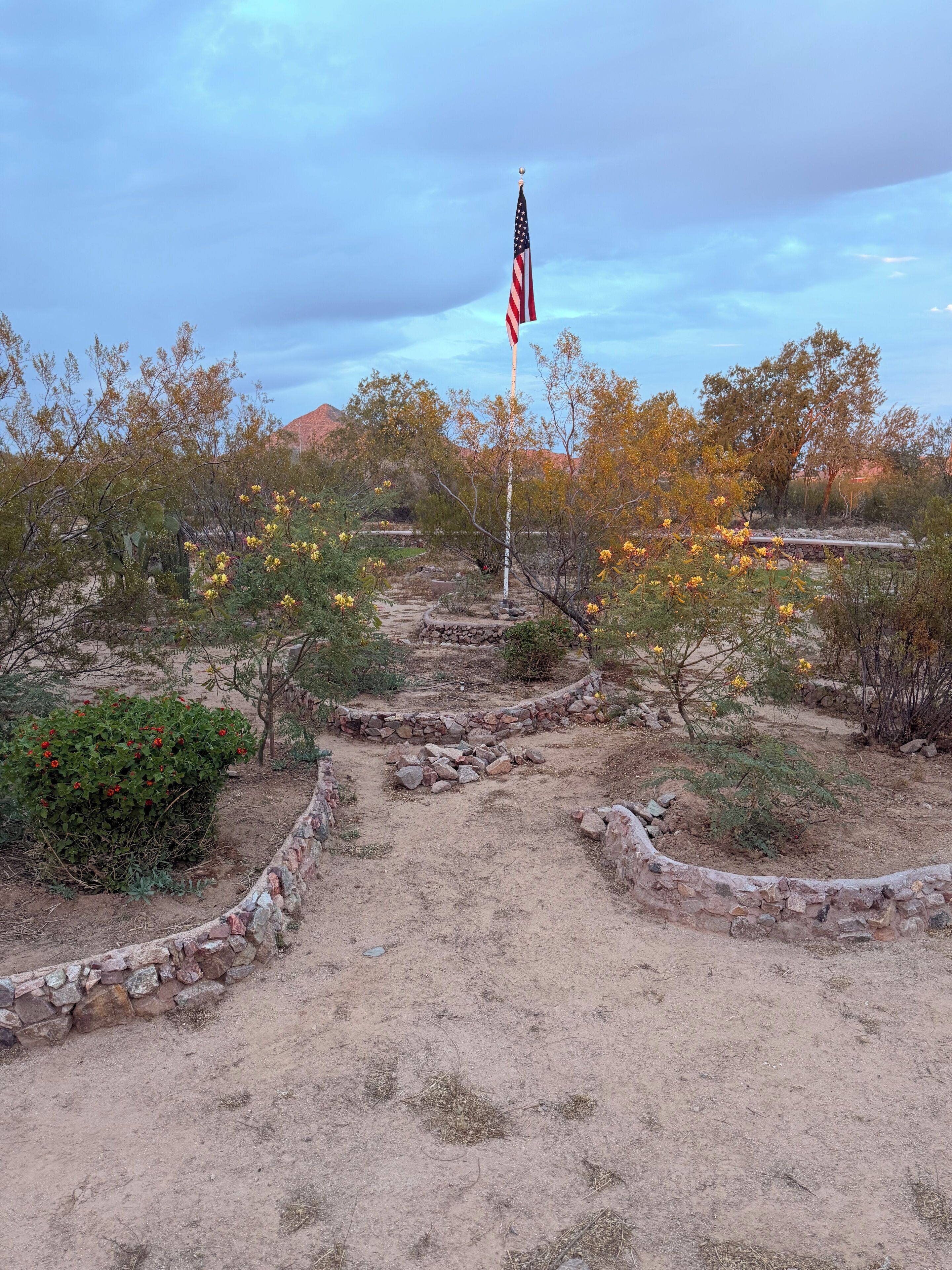 A flagpole with an American flag, surrounded by desert vegetation and a stone pathway.