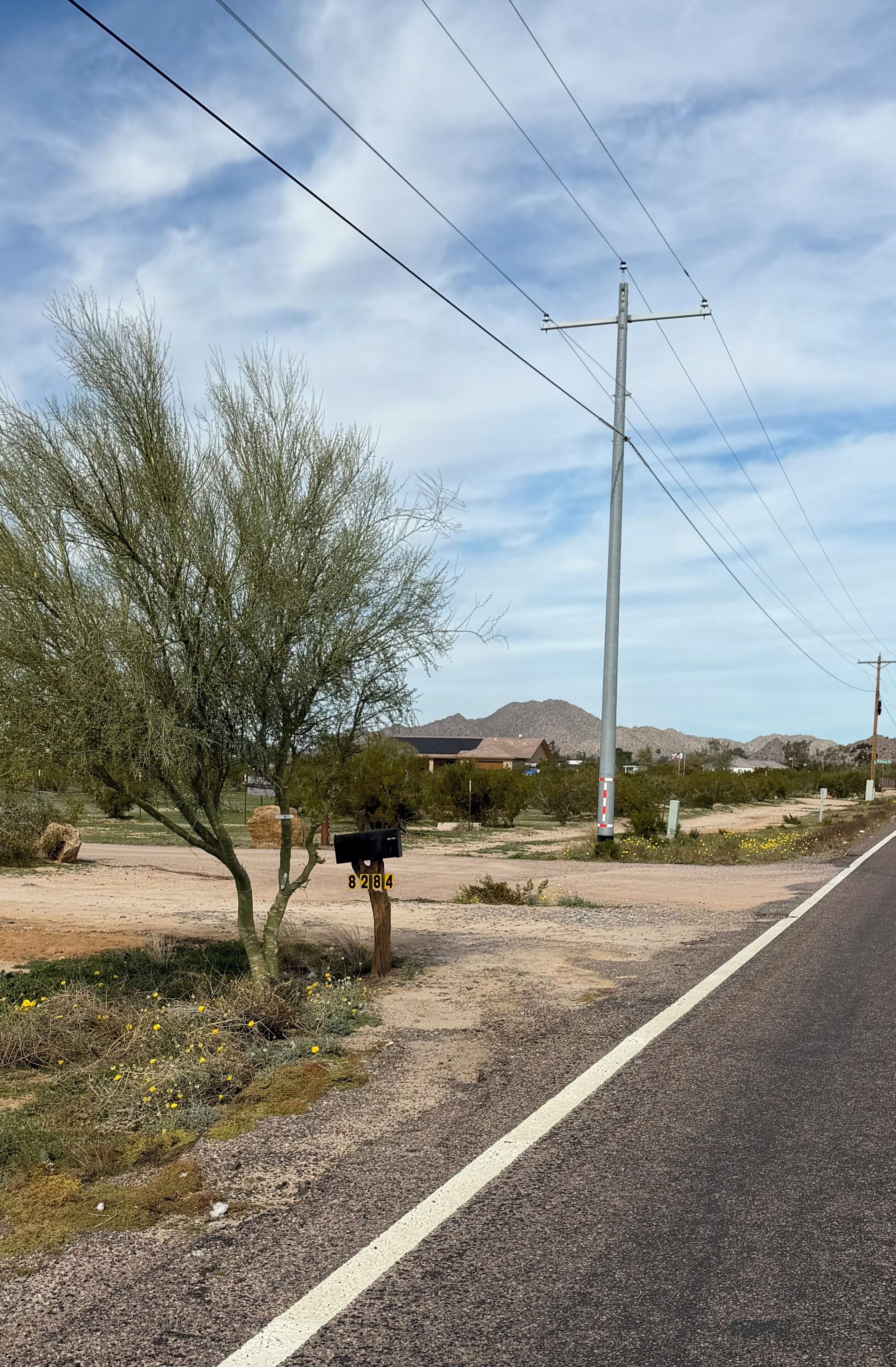 Eine ländliche Straße mit Briefkasten, Strommast und spärlicher Vegetation.