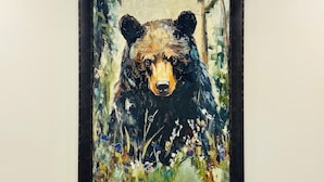 A framed painting of a bear on a wall above a beige sofa with a pillow displaying '28786'.