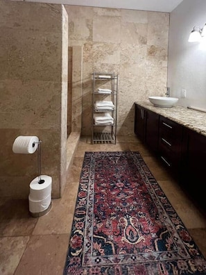 Ein Badezimmer mit Marmorwand, einem Waschbecken, einem Handtuchhalter, einer Toilette mit Toilettenpapier und einem gemusterten Teppich.