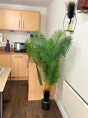 A modern kitchen with wooden cabinets, a dining table, and a large green plant in a black pot. - One Bedroom Flat in Mailbox With Free Parking (Birmingham)