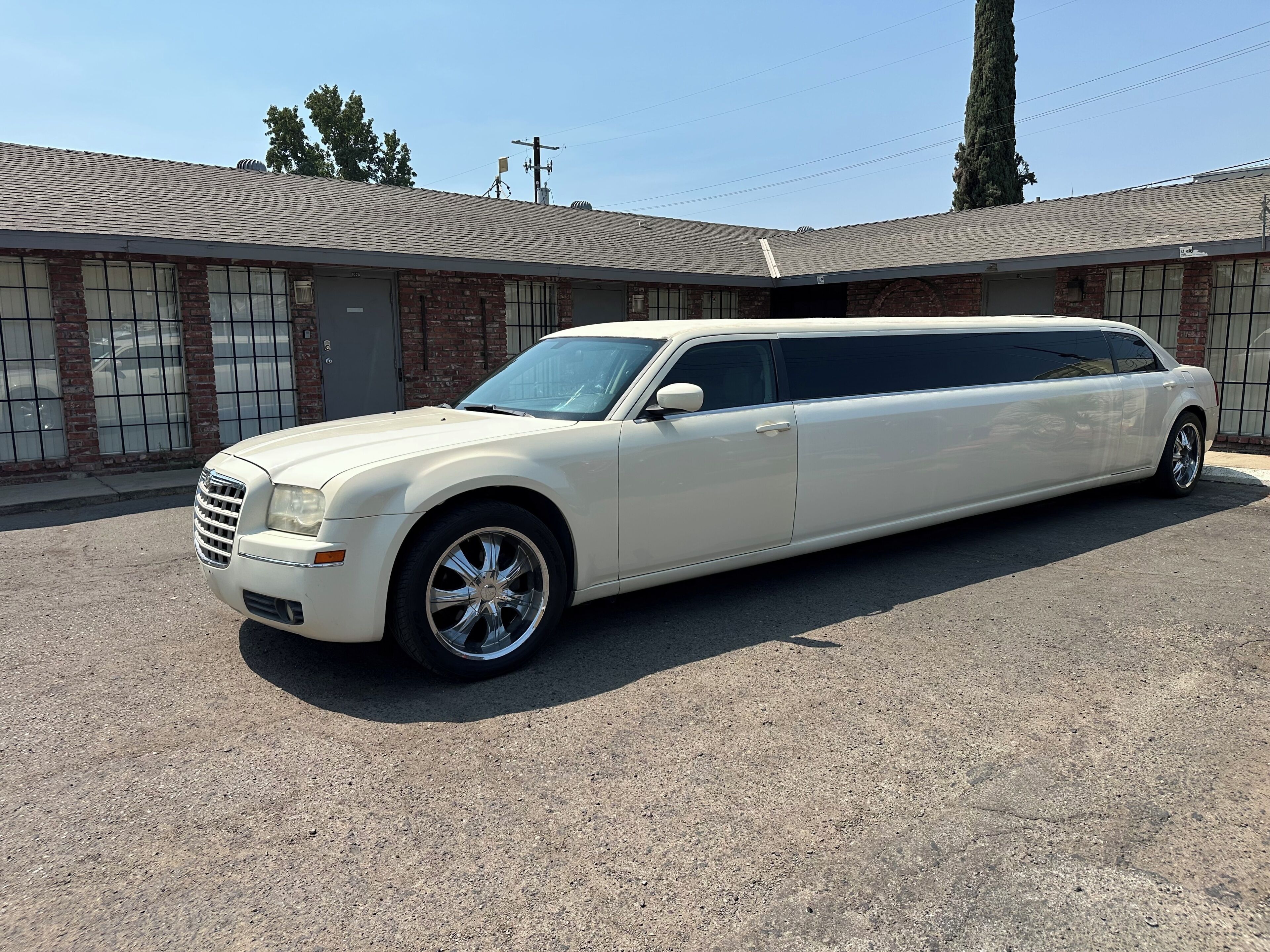 A white limousine parked in front of a building with brick walls and large windows.