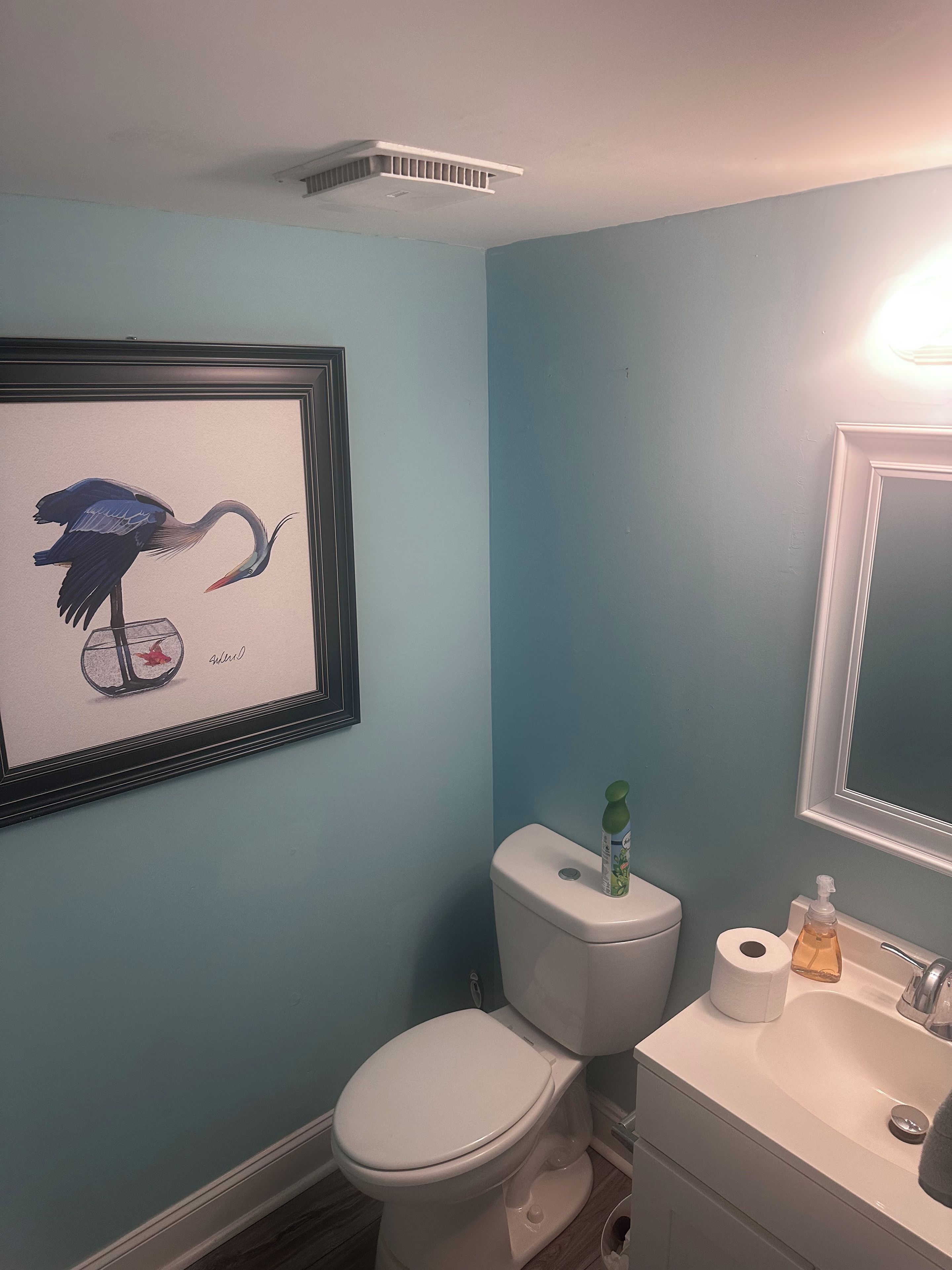 Et badeværelse med toilet, vask og et billede i ramme på væggen.