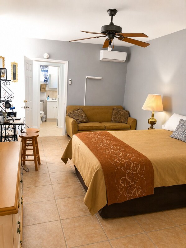 1 bedroom, desk, iron/ironing board, travel cot