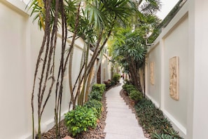 A narrow pathway flanked by tall plants and decorative wall art, leading to a building entrance. - Luxury 2BR Pool Villa Pratamnak Soi5- 50m to Beach (Pattaya)