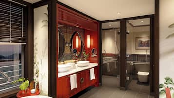Senior Suite, Balcony | Bathroom | Separate tub and shower, hair dryer, slippers, towels
