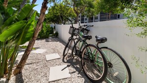 Una bicicleta estacionada junto a una pared blanca, rodeada de follaje y un sendero de grava.