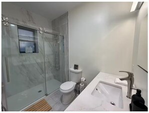 Hair dryer, towels, soap, toilet paper