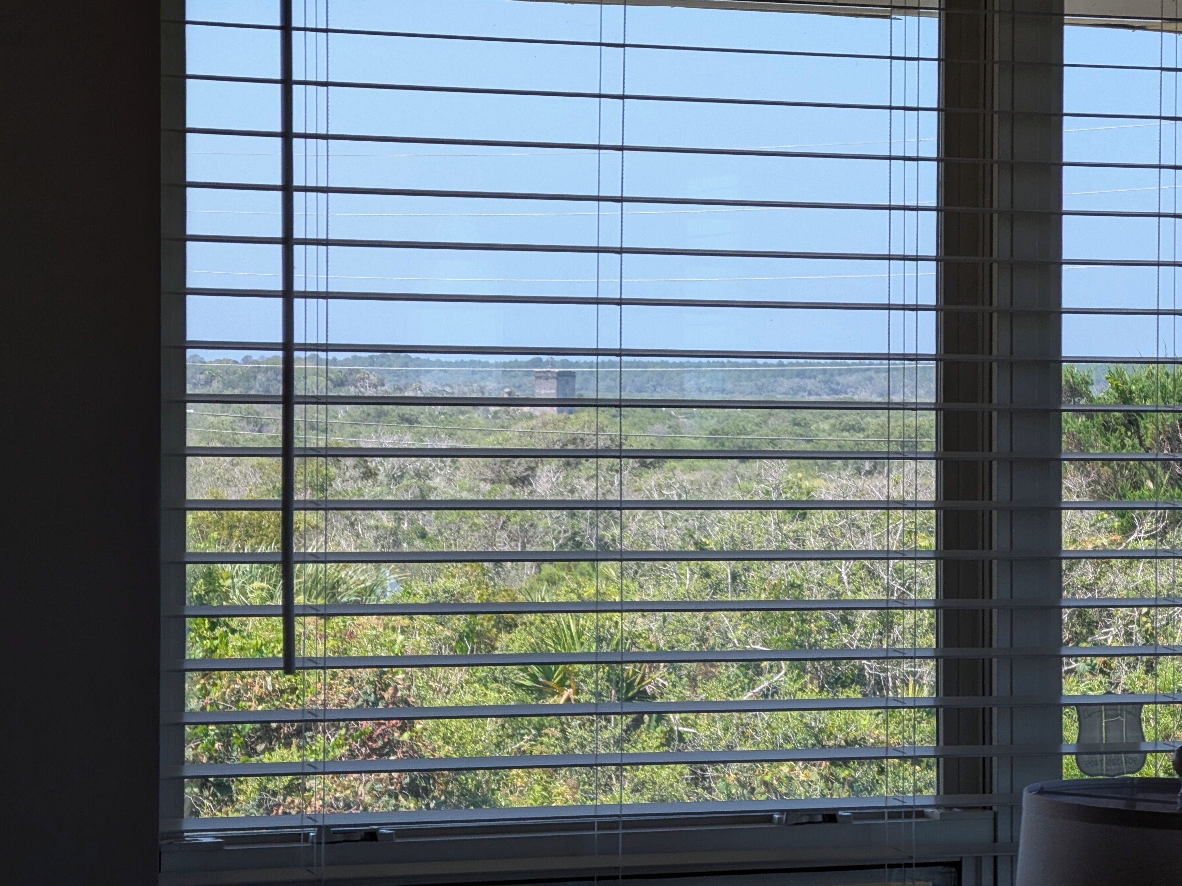 Una ventana con persianas horizontales, vista a un paisaje natural con vegetación y una estructura distante.